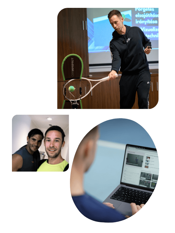 vörös györgy látható 3 képen. Az egyiken egy tenyerest üt, a másikon Rafa Nadal mellett látható egy képen és a harmadikon pedig az online teniszakadémia programját használja.
